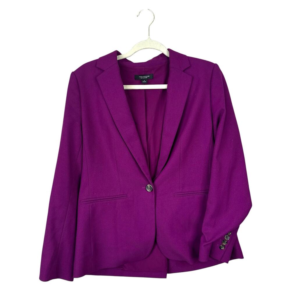 ANN TAYLOR Hutton Blazer Twill Pulsar Purple Size 4 Notched Collar Office Jacket - Picture 3 of 9